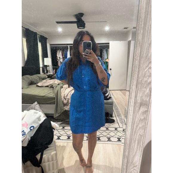 THAKOON Women's Blue Button Front Collared Tie Waist Mini Shirt Dress Size 14 - Picture 12 of 15